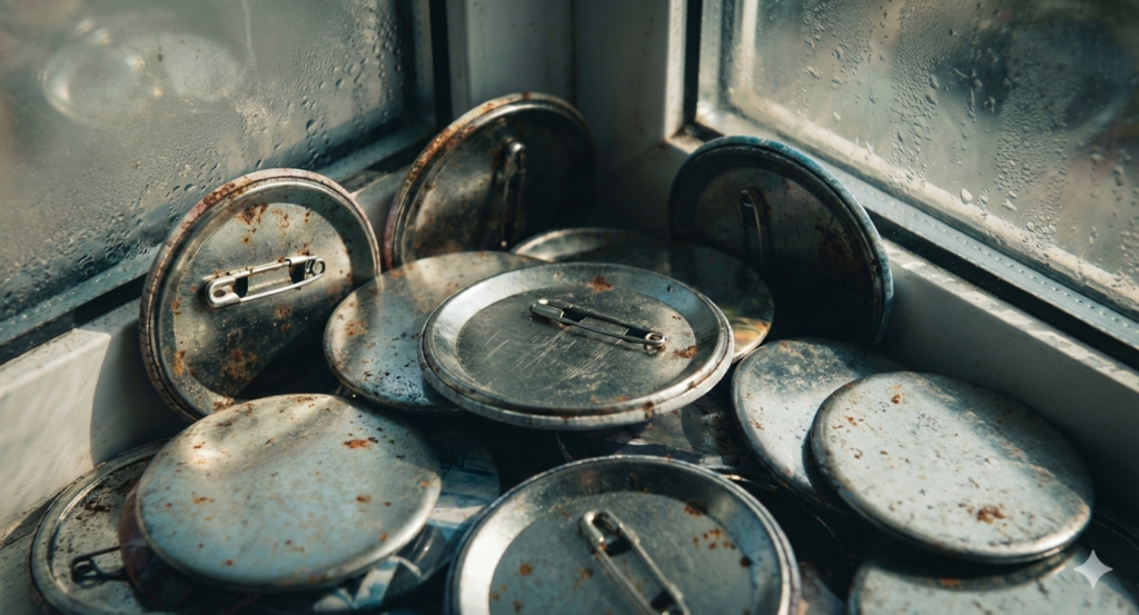 錆びた缶バッジの画像