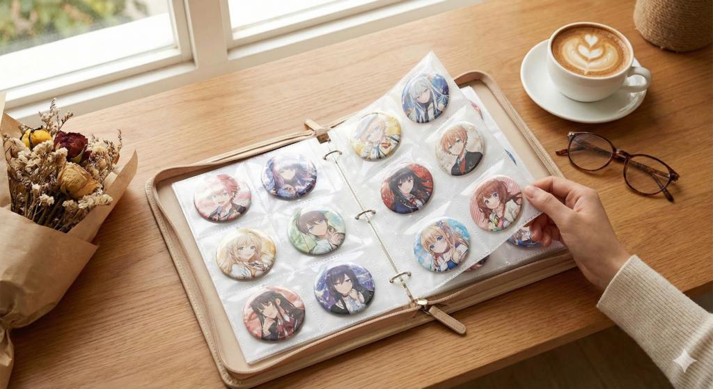 缶バッジをバインダー保管している様子