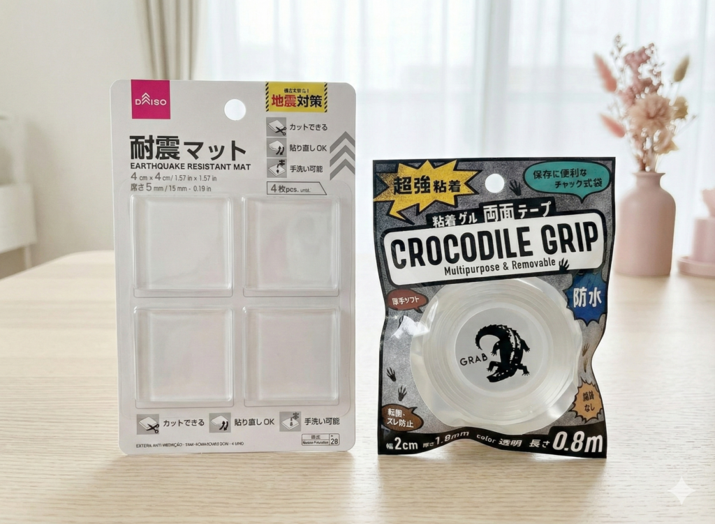 ダイソーのム粘着ゲル両面テープ & 耐震マット