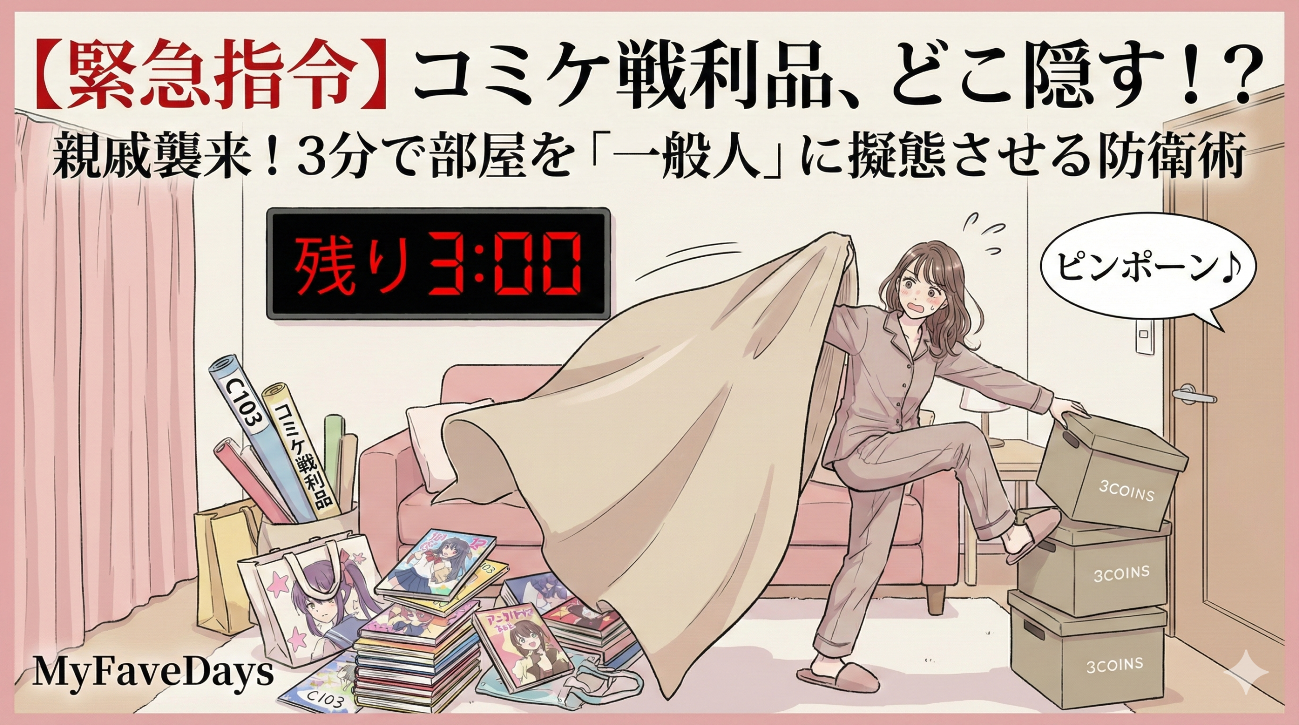 【緊急指令】コミケ戦利品、どこ隠す！？親戚襲来！3分で部屋を「一般人」に擬態させる防衛術。パジャマ姿の女性が、「残り3:00」と表示されたタイマーと「ピンポーン♪」というインターホン音に焦り、「C103」と書かれた同人誌やグッズを大きな布で隠しながら、「3COINS」の収納ボックスを慌てて積み上げているコミカルなイラスト。左下にMyFaveDaysのロゴ。