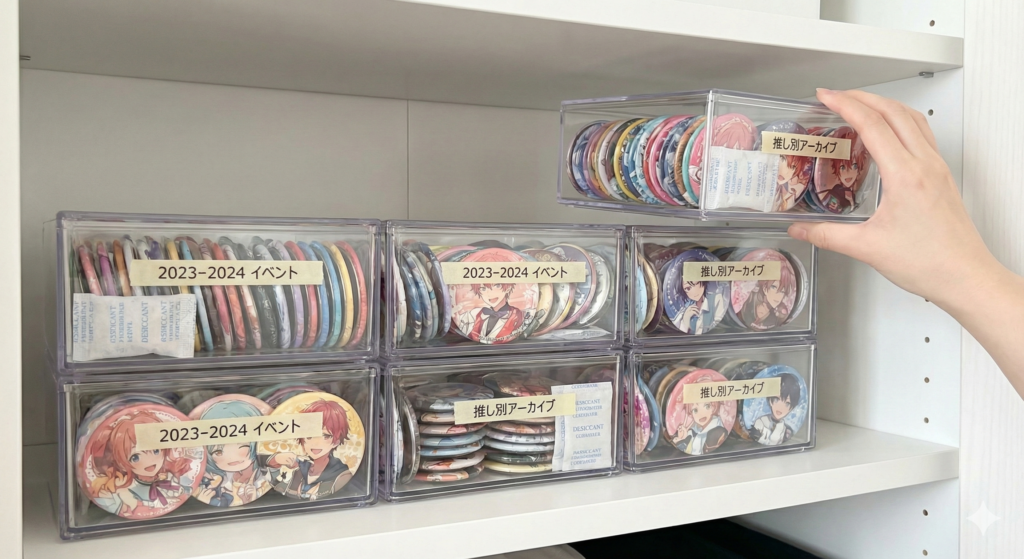 缶バッジを専用ストッカーで保管している様子