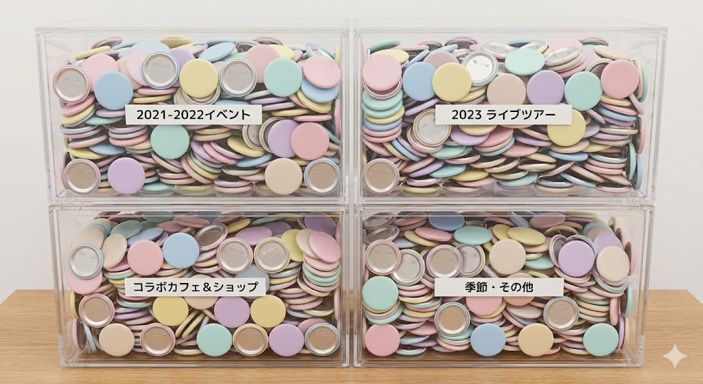 缶バッジを専用ストッカーで保管している様子