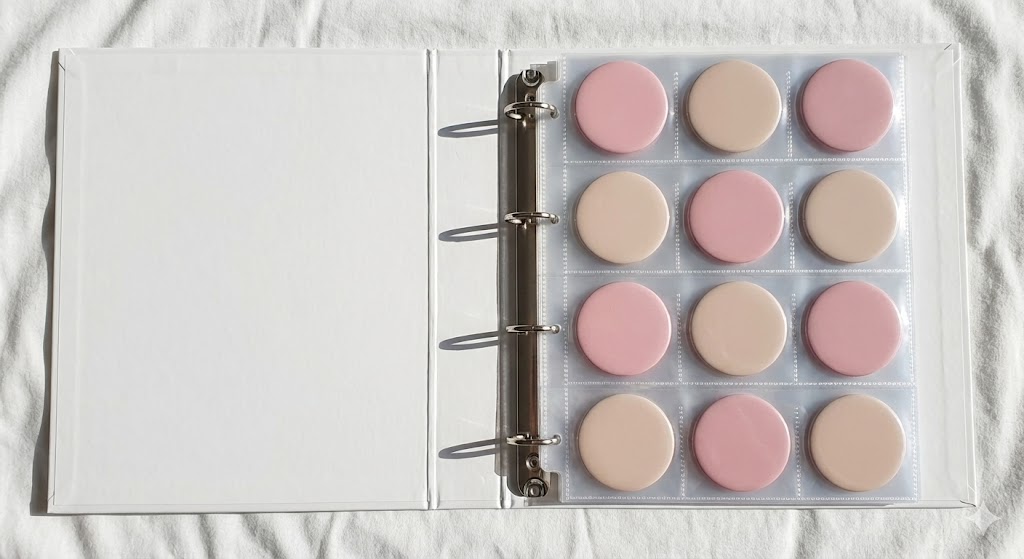 缶バッジをバインダーに保管している様子