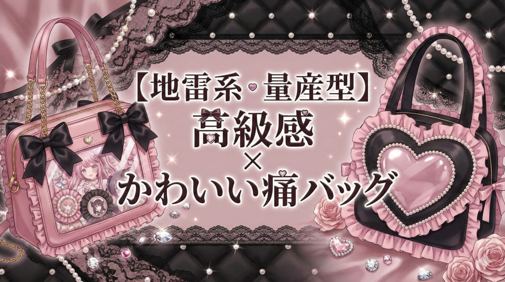 見出し画像：【地雷系・量産型】高級感×かわいい痛バッグ。黒いリボンが付いたピンクのスクエア型痛バッグと、ハート型の黒いフリル付き痛バッグのイラスト。