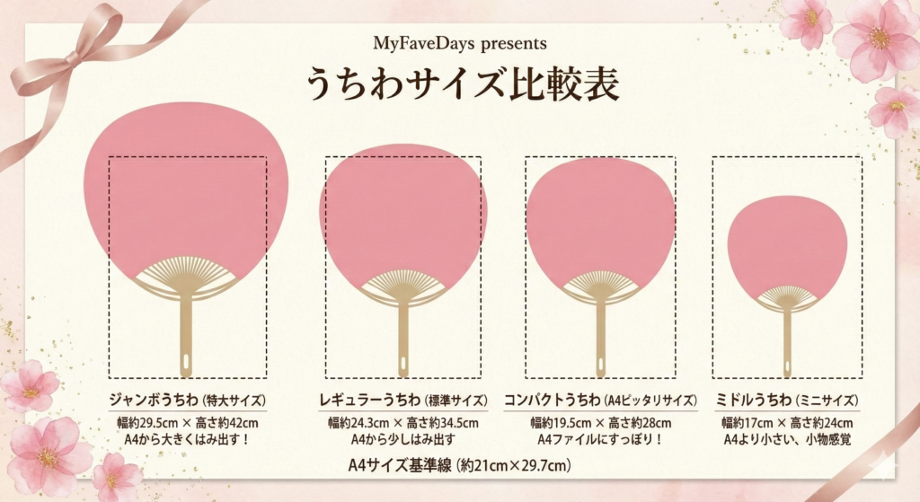 yFaveDays作成の「うちわサイズ比較表」。A4サイズ(約21cm×29.7cm)の基準枠に対し、4種類のコンサートうちわの大きさを比較図示している。左から順に、ジャンボうちわ(特大サイズ、幅約29.5cm×高さ約42cm)はA4枠から大きくはみ出している。レギュラーうちわ(標準サイズ、幅約24.3cm×高さ約34.5cm)はA4枠から少しはみ出している。コンパクトうちわ(A4ピッタリサイズ、幅約19.5cm×高さ約28cm)はA4枠内にぴったりと収まっている。ミドルうちわ(ミニサイズ、幅約17cm×高さ約24cm)はA4枠より小さく、枠内に余裕がある状態。