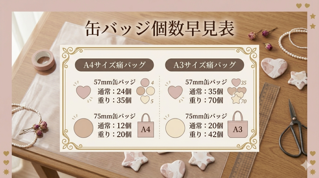 痛バッグのサイズ別・缶バッジ個数早見表