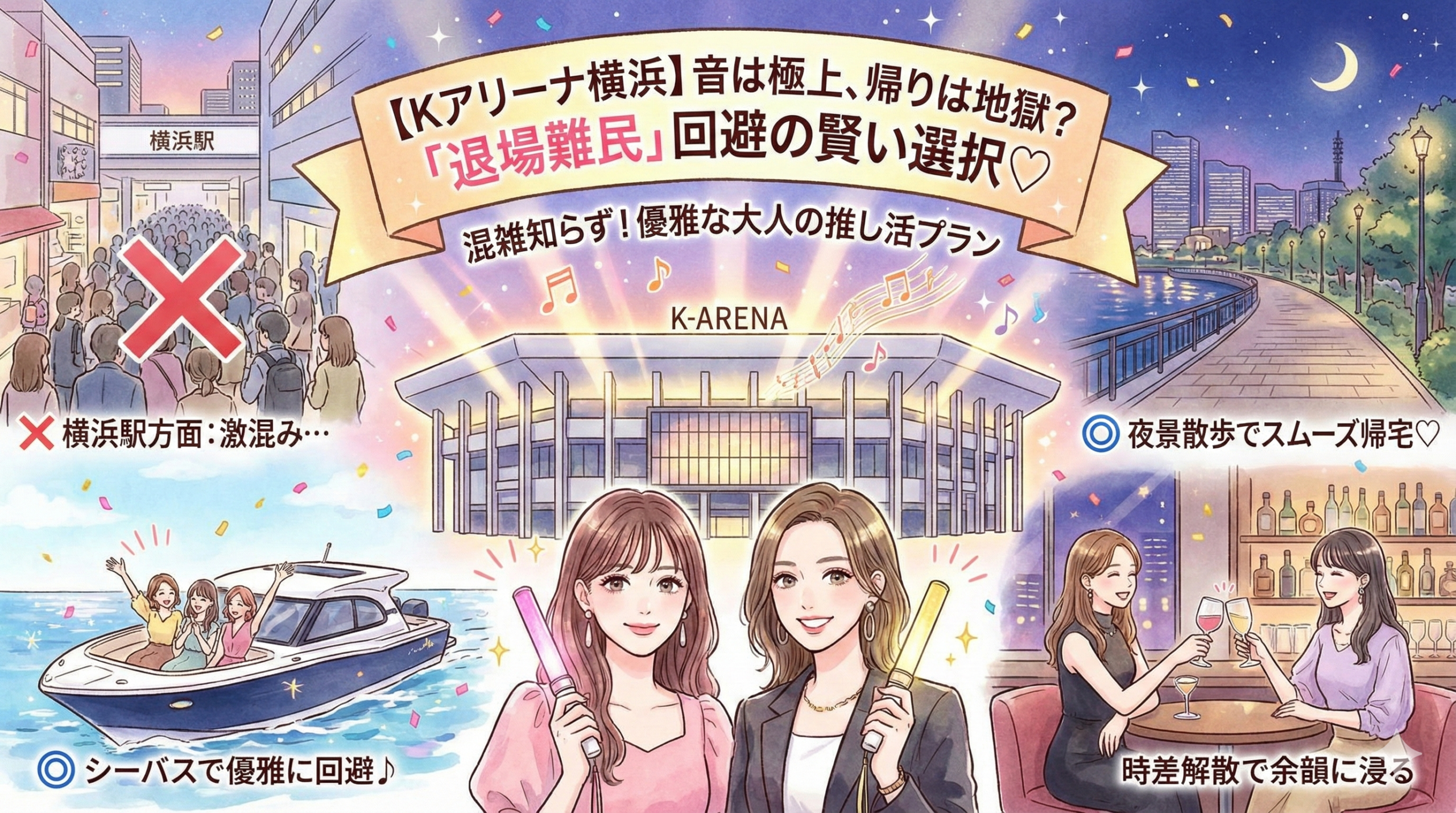 Kアリーナ横浜の推し活完全攻略ガイドのアイキャッチ。中央のアリーナを背景に、混雑する横浜駅ルートを「×」とし、優雅なシーバス移動や夜景散歩、時差解散のディナーを楽しむ様子を「◎」として対比させたイラスト。「退場難民回避」のタイトル入り。