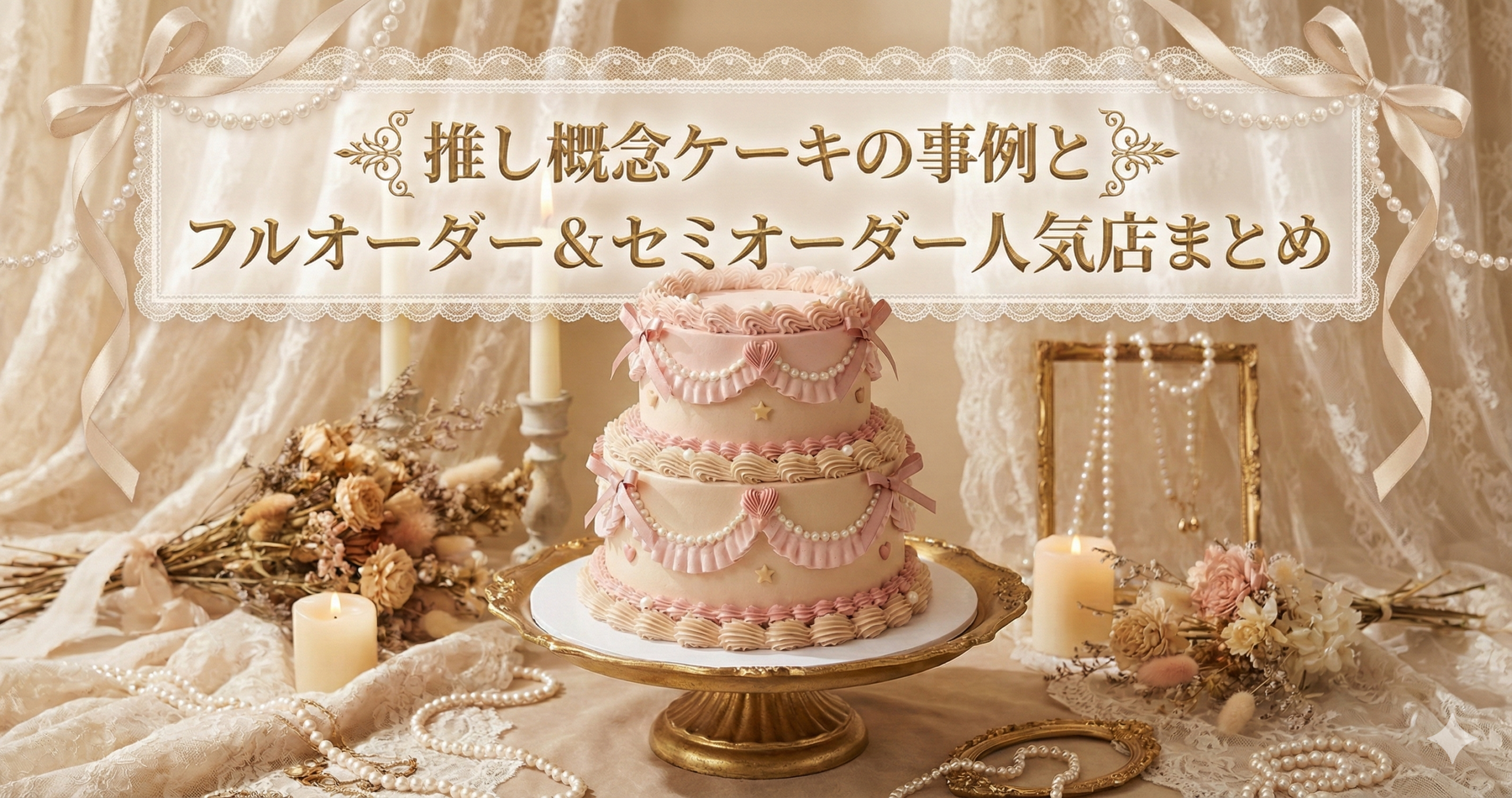「推し概念ケーキの事例とフルオーダー＆セミオーダー人気店まとめ」というタイトル文字が入ったアイキャッチ画像。レース、パール、リボンで豪華に装飾された大人かわいいピンクの2段ケーキが、キャンドルやドライフラワーと共に写っている。
