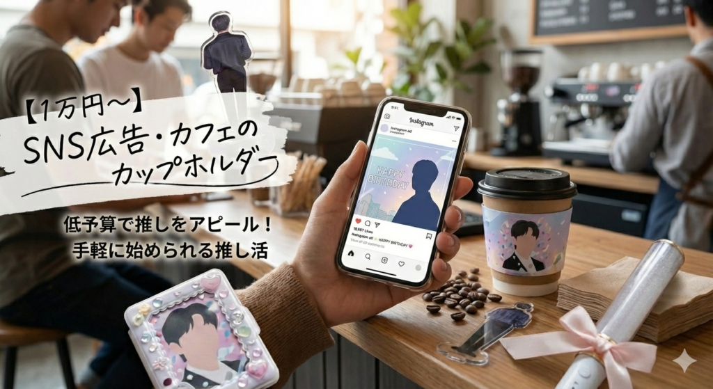 カフェで推しのカップホルダーとドリンクをおしゃれに撮影している様子。1万円から始められるSNS広告やカフェイベントのイメージ