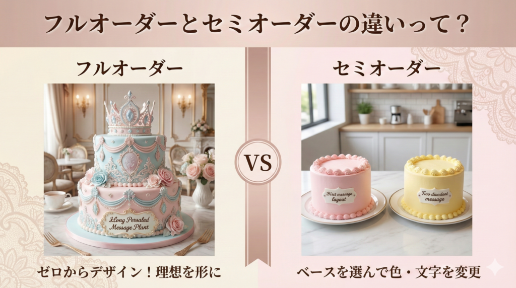 フルオーダーとセミオーダー、どちらにするか検討するためのイメージ。ケーキとノート、ペンが配置されたテーブルの様子。