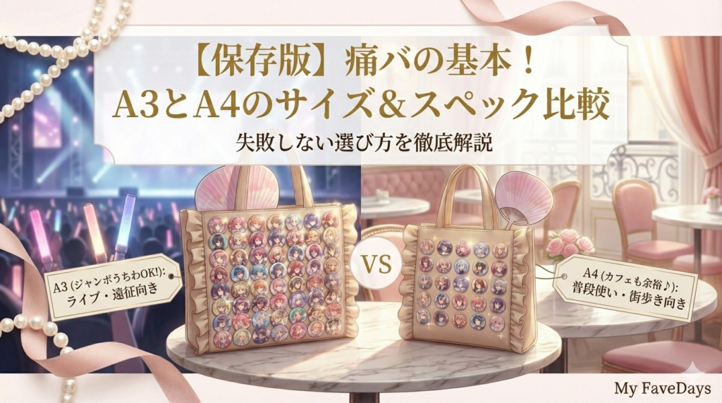 MyFaveDaysブログ記事「痛バの基本！A3とA4のサイズ＆スペック比較」の見出し画像。左側にザッカマートのA3フリル痛バッグ（ジャンボうちわがすっぽり入る大容量サイズ）、右側にA4サイズ（カフェに馴染むコンパクトさ）を配置し、大きさの違いを視覚的に比較しています。「A3は祭壇・遠征向き」「A4はカフェ・普段使い向き」というそれぞれの特徴を、ピンクとベージュの上品なデザインで表現しています。