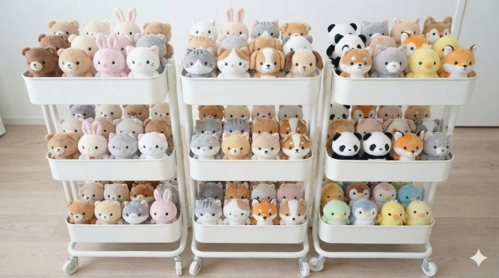 IKEAのキッチンワゴン「ロースコグ（RÅSKOG）」3台に、ちびぬい・アニメぬいぐるみが大量に収納されている様子。各段にぎっしりと整列して並び、数百体規模の「ぬいマンション」となっている壮観な収納実例。ー
