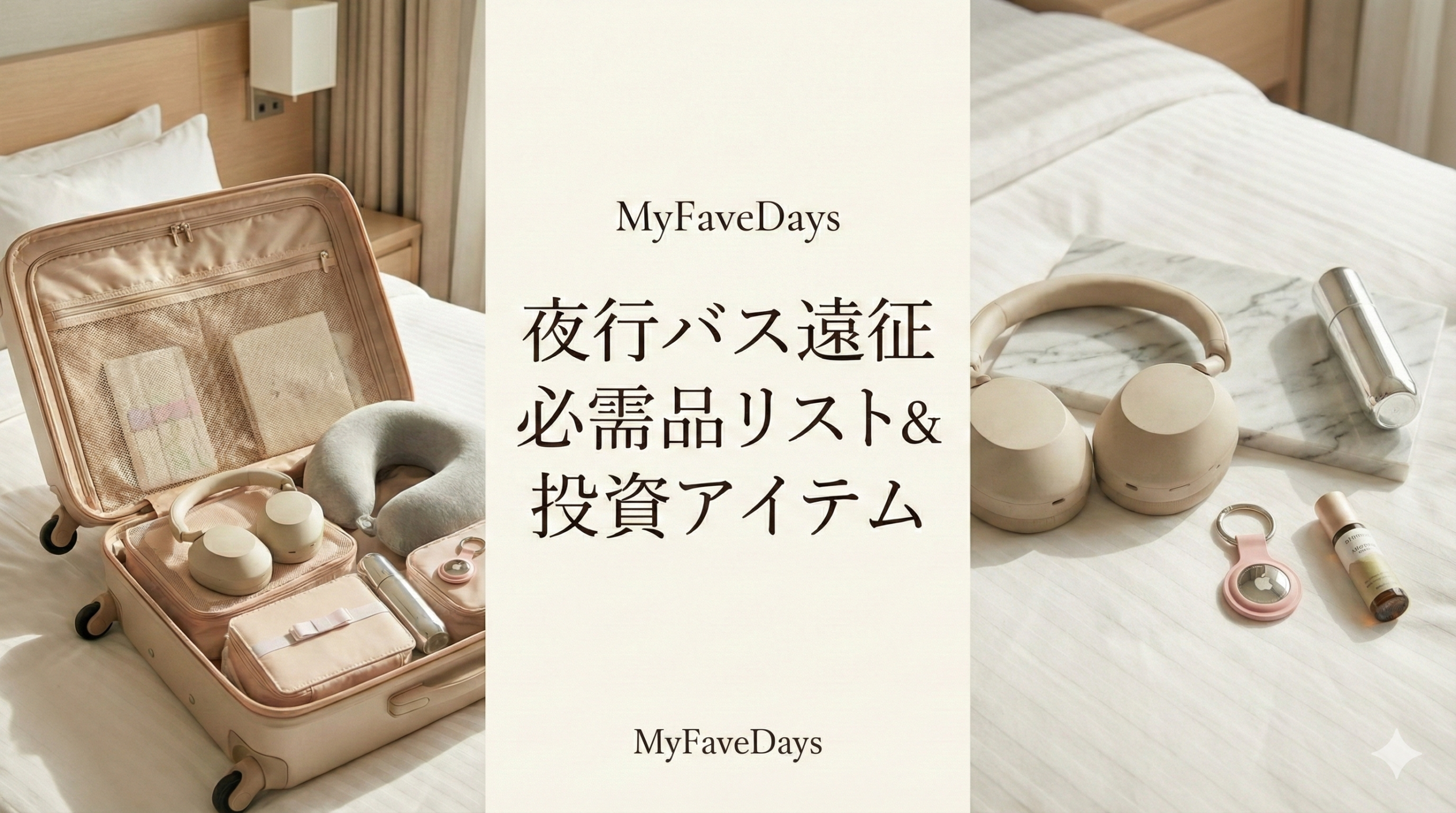 ブログ記事「MyFaveDays! 夜行バス遠征 必需品リスト＆投資アイテム」のアイキャッチ画像。上部にタイトル、下部左側にはきれいにパッキングされたベージュのスーツケースとネックピロー、下部右側にはソニーのヘッドホン、AirTag、アロマオイルなどの推し活便利グッズがおしゃれに並べられている。