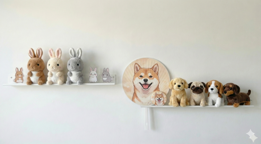山崎実業の「tower ウォール推し活ラック」を使用したぬいぐるみ収納の実例。幅約67cmの白いスリムな壁掛け棚に、推しのぬいぐるみが5〜6体横一列に並び、うちわやアクリルスタンドと一緒にディスプレイされている様子。
