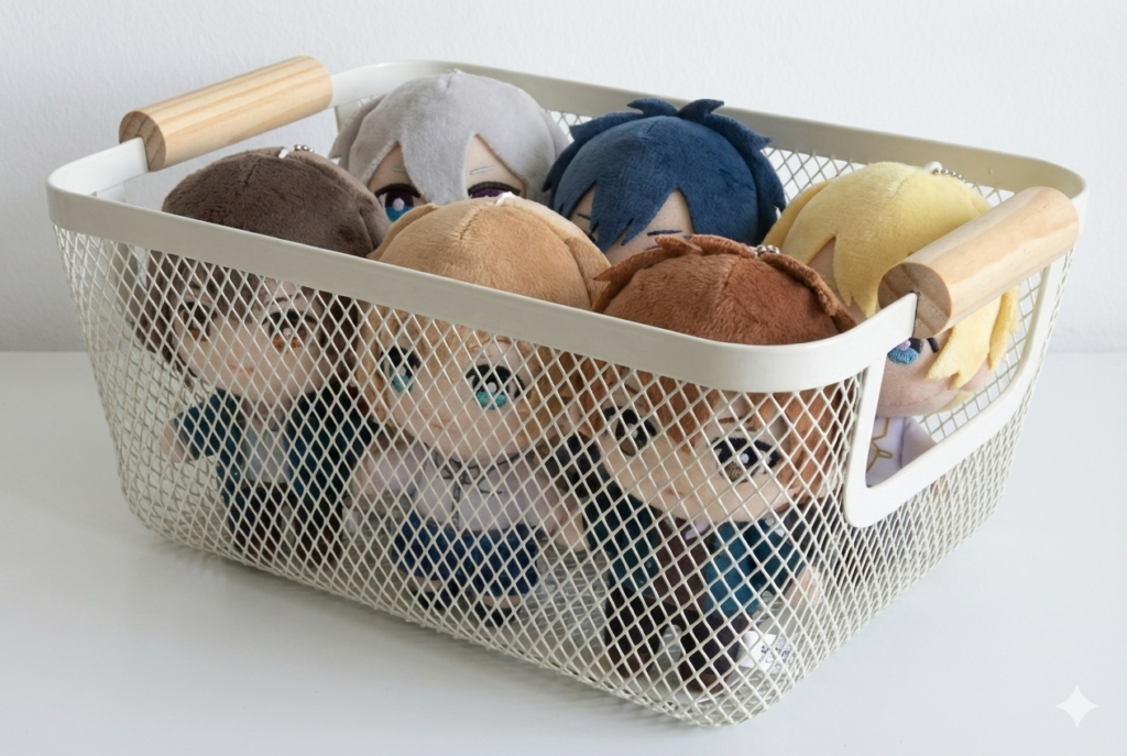 木製ハンドル付きの白いワイヤーメッシュバスケットに、アニメキャラクターの小さなぬいぐるみ（ちびぬい）が複数体まとめて収納されている様子。通気性の良いおしゃれなカゴを使った、推し活グッズの保管実例。