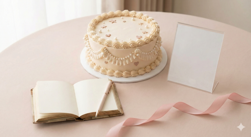 淡いピンクのテーブルクロスに置かれた上品なオーダーケーキ、計画を書き留めるためのノートとペン、推しの写真を飾るための空のアクリルスタンド、リボンの物撮り写真。MyFaveDaysの世界観を表現した、大人かわいい推し活シーンのイメージ。