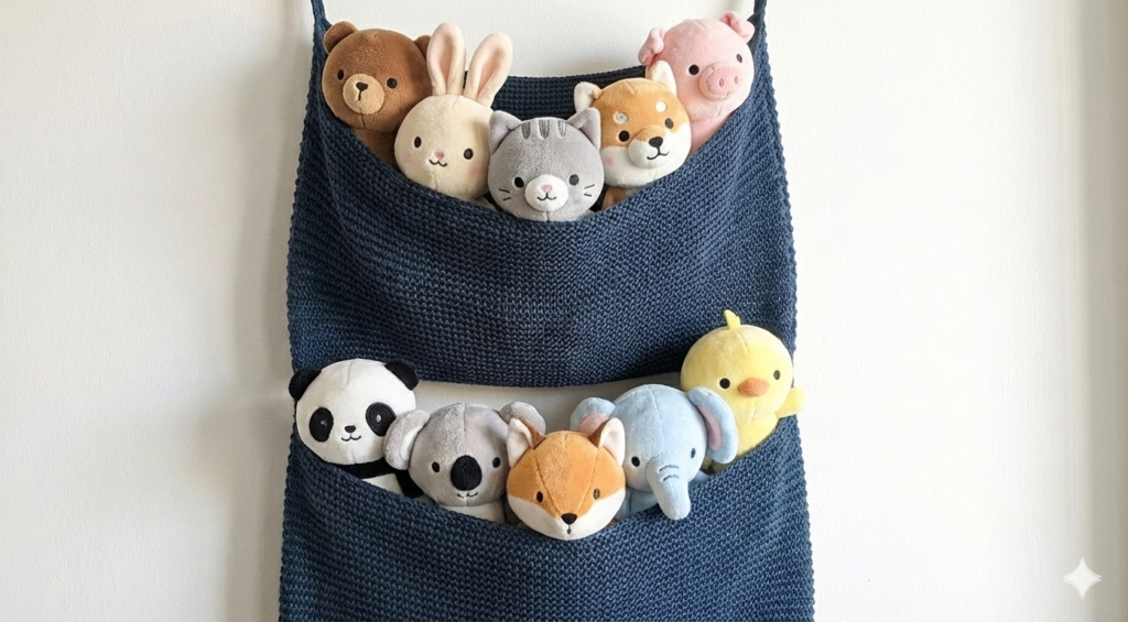IKEAの壁掛け収納「ノールドラーナ（NORDRANA）」に10cm〜12cmサイズのいつぬい・ちびぬいを9個収納した実例。ニット素材の3段ポケットの各段に3個ずつ並び、合計9個がシンデレラフィットしています。