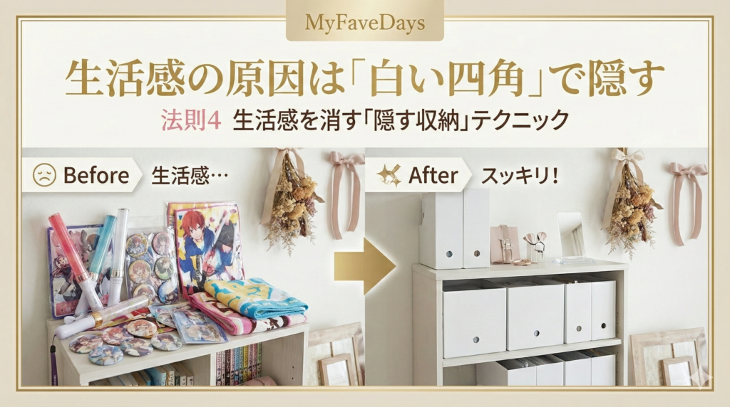 法則4：生活感の原因は「白い四角」で隠すのアイキャッチ画像。白いファイルボックスを活用して、カラフルなグッズの生活感を消す収納術を解説。