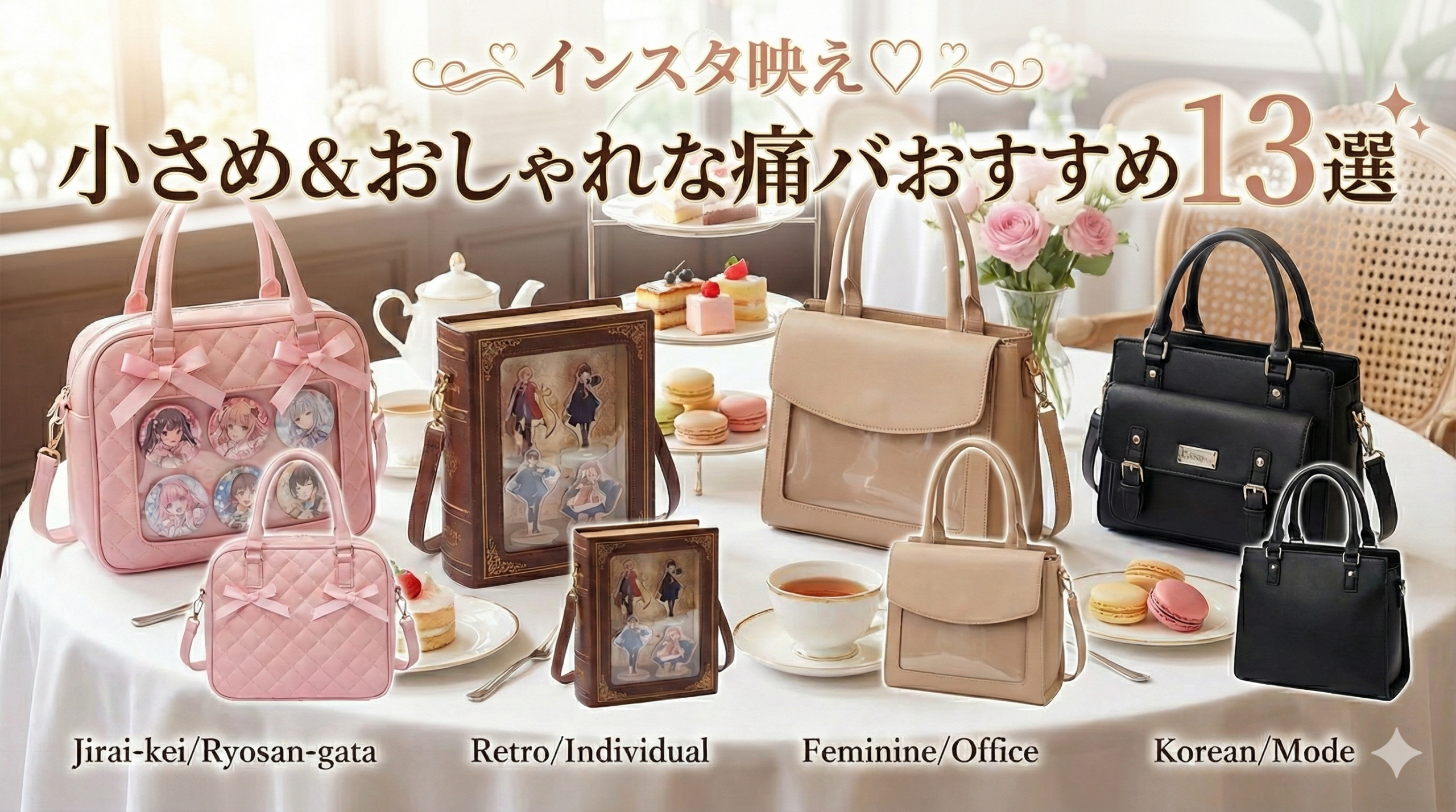 アイキャッチ画像：『インスタ映え♡小さめ＆おしゃれな痛バおすすめ13選』のタイトル文字。パステルピンクを基調に、カフェやヌン活に合うリボンやフリル付きの大人可愛い痛バッグが並んでいるイラスト。