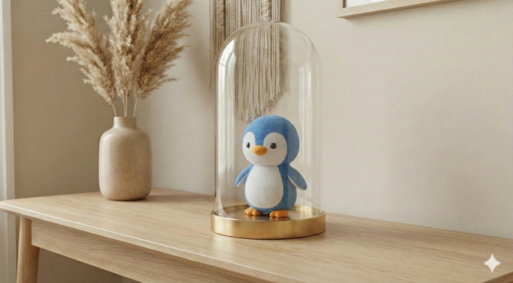 韓国インテリア風の部屋で、金色の台座付きガラスドーム（クロッシュ）に入れておしゃれに飾られたぬいぐるみ。木製テーブル、パンパスグラス、マクラメの背景。