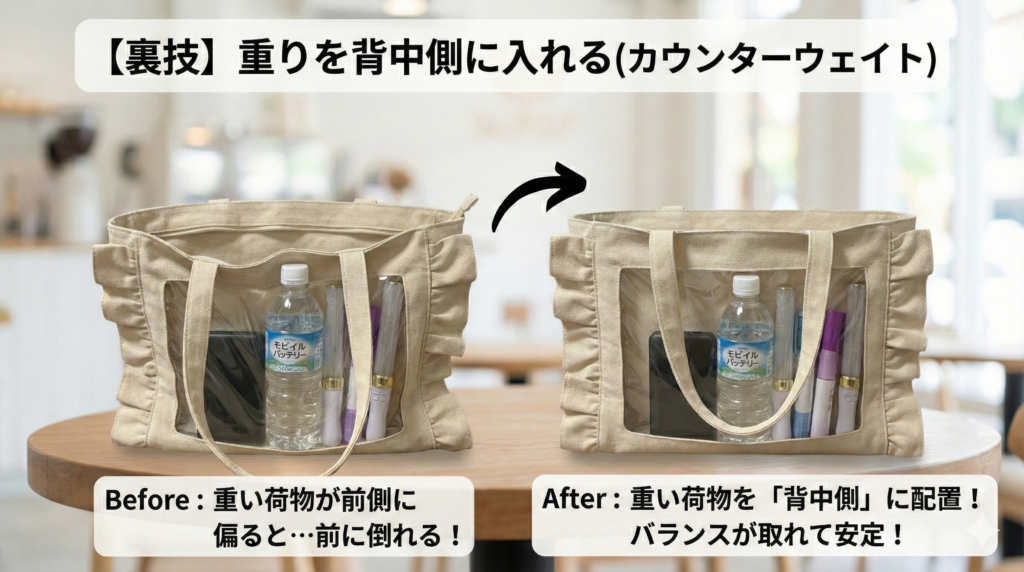 痛バッグを自立させる裏技「カウンターウェイト」の解説図。「Before」では、透明な窓側にペットボトルやモバイルバッテリー、ペンライトなどの重い荷物が偏っており、バッグが前に傾いている。「After」では、同じ荷物を背中側（窓の反対側）に配置し直したことで、前後のバランスが取れてバッグが直立し、安定している様子が比較されている。