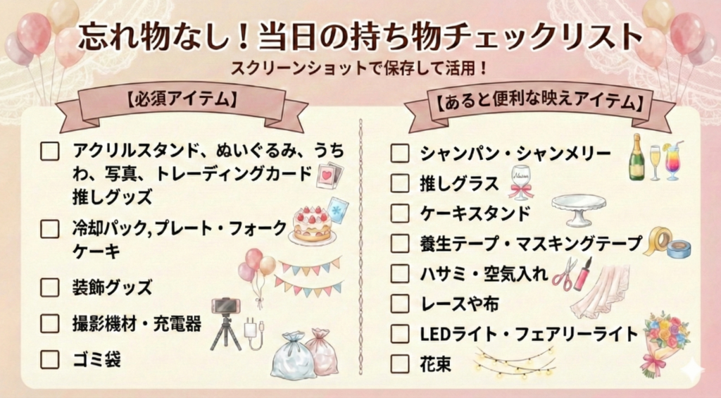 本人不在の誕生日会に向けた「忘れ物なし！当日の持ち物チェックリスト」のまとめ画像。必須アイテム（推しグッズ、ケーキ、装飾グッズ、撮影機材、ゴミ袋）と、あると便利な映えアイテム（シャンパン、推しグラス、ケーキスタンド、養生テープ、ハサミ・空気入れ、レースや布、LEDライト、花束）がイラスト付きで左右に一覧化されている。