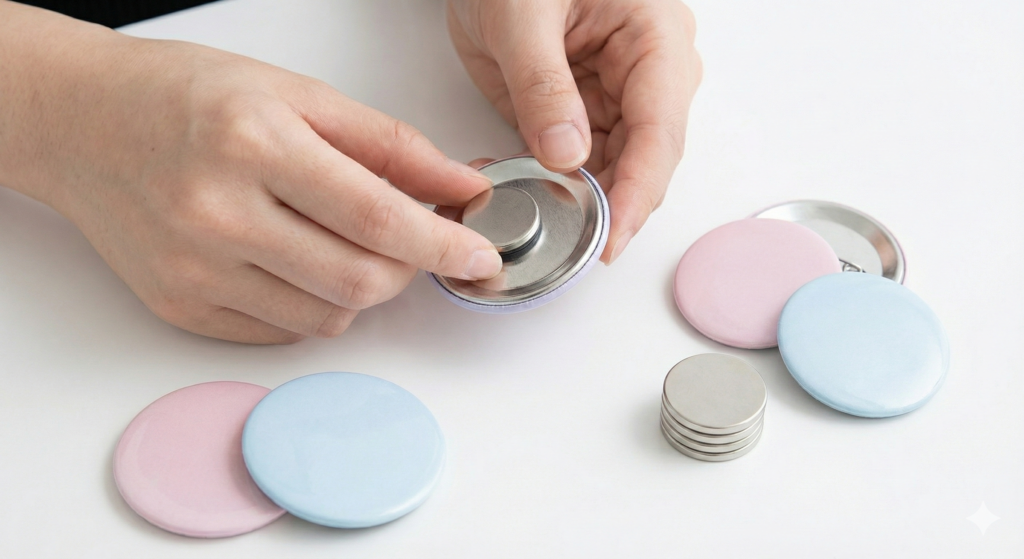 MyFaveDaysブログ記事「痛バの土台（シート）完全ガイド」の図解。缶バッジの裏と土台に強力マグネットを仕込み、針を使わずに「パチッ」とくっつけるだけの「マグネット活用術」をイラスト化しています。「イベント当日の朝5分で組める」「グッズ交換ですぐ替えられる」というメリットを、魔法のように一瞬で装着できる様子で表現しています。