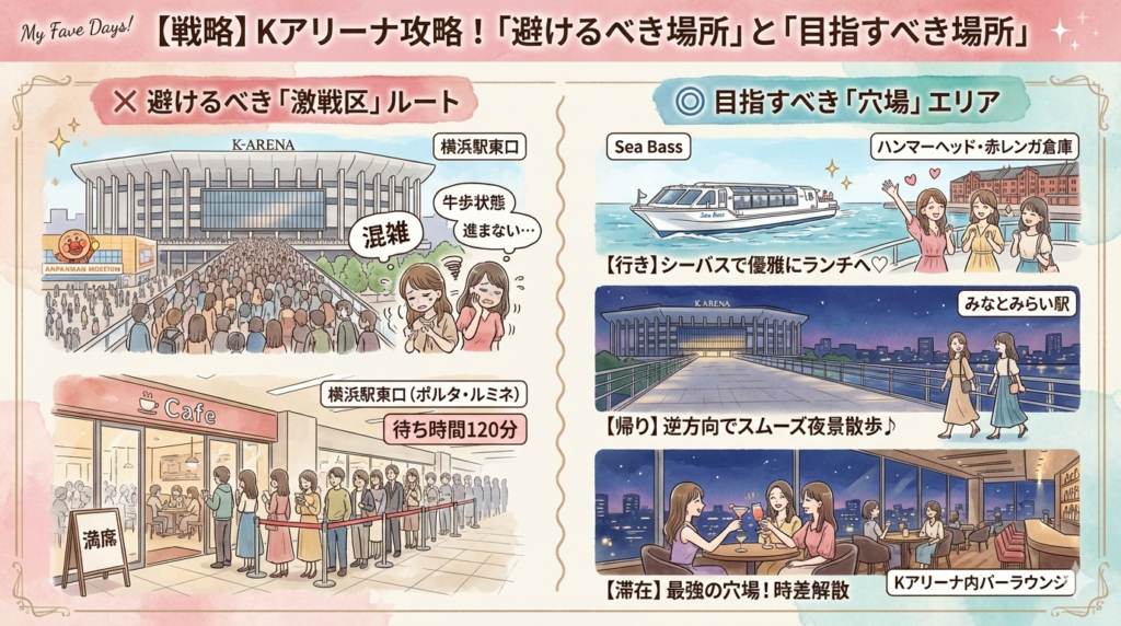Kアリーナ攻略マップのイラスト図解。左側は「避けるべき激戦区」として混雑する横浜駅徒歩ルートと東口カフェを表示。右側は「目指すべき穴場」として、行きのシーバス（ハンマーヘッド方面）、帰りのみなとみらい駅方面への夜景散歩、会場内のバーラウンジを推奨している。