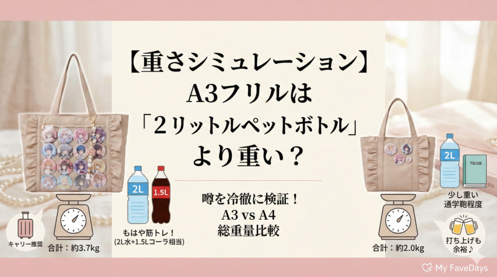 MyFaveDaysブログ記事「【重さシミュレーション】A3フリルは『2Lペットボトル』より重い？ 痛バの総重量ガチ検証」のサムネイル画像。中央に大きく「A3フリルは2Lペットボトルより重い？」というテキストが配置され、左側にザッカマートのA3痛バッグ、右側に重さの比較対象としての2リットルペットボトル等が描かれています。総重量約3.7kgという「推し活＝筋トレ」の過酷さを、淡いピンクとベージュの大人かわいいデザインで表現しています。