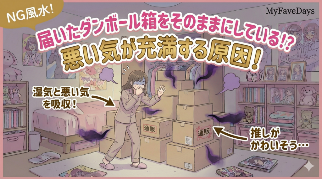MyFaveDays風サムネイル。部屋の隅に通販で届いたダンボール箱が積み上げられ、そこから湿気や悪い気が漂っているイラスト。「NG風水！届いたダンボール箱をそのままにしている！？悪い気が充満する原因！」というタイトル文字。