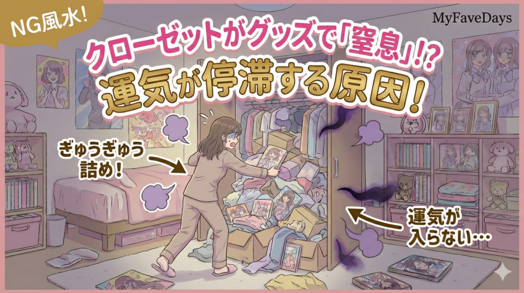 MyFaveDays風サムネイル。クローゼットの中にグッズや服がぎゅうぎゅうに詰め込まれ、空気が循環せずどんよりとしている様子のイラスト。「NG風水！クローゼットがグッズで『窒息』している！？運気が停滞する原因！」というタイトル文字。