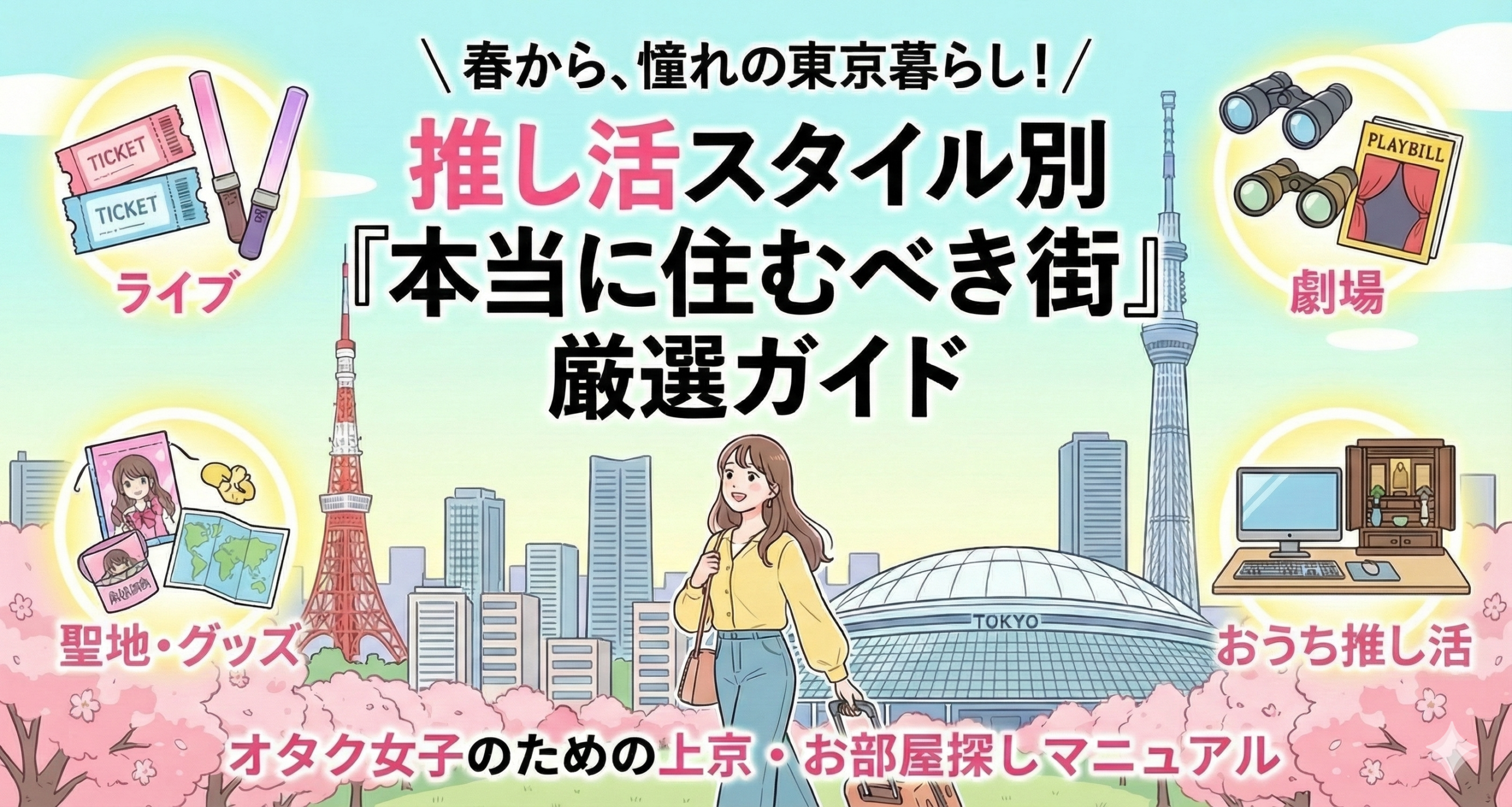 推し活スタイル別「本当に住むべき街」厳選ガイドのアイキャッチ画像。東京ドームやスカイツリーを背景に上京する女性のイラスト。ライブ、観劇、遠征、在宅派などオタクのタイプ別アイコンを配置。