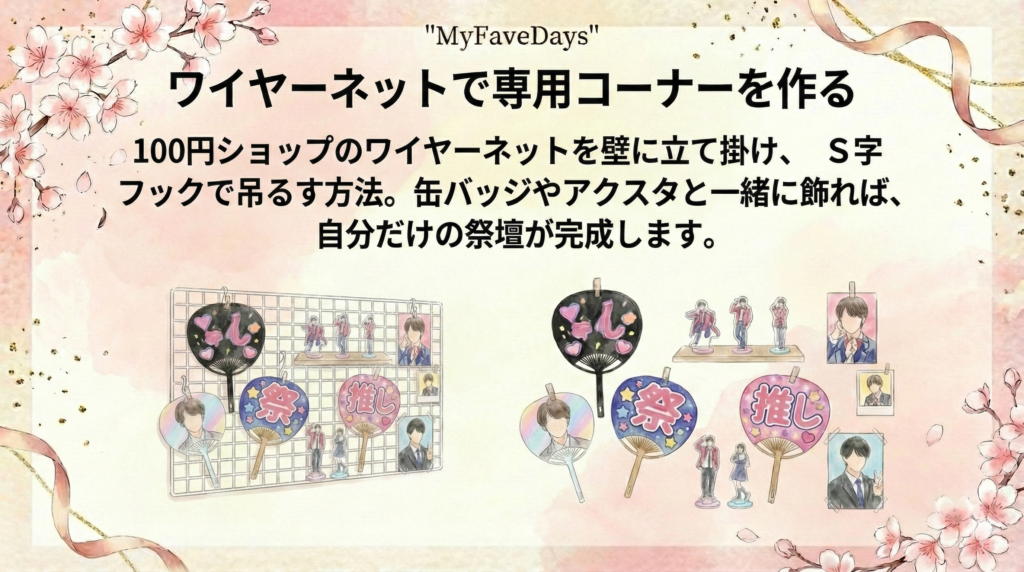 MyFaveDaysの記事サムネイル。タイトルは「ワイヤーネットで専用コーナーを作る」。その下に「100円ショップのワイヤーネットを壁に立て掛け、S字フックで吊るす方法。缶バッジやアクスタと一緒に飾れば、自分だけの祭壇が完成します。」という説明文がある。下部には、白いワイヤーネットにS字フックを使ってデコレーションうちわ、アイドルのアクリルスタンド、缶バッジ、写真などが飾られ、「推し活祭壇」のようになっているイラストが描かれている。右側にはワイヤーネットを使わずに同様のグッズを並べたイラストもある。全体は桜の花、リボン、ゴールドのグリッターで装飾された、ピンク基調の大人かわいいデザイン。