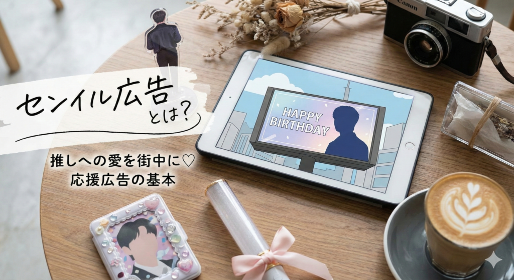 センイル広告（応援広告）のイメージイラスト。街頭ビジョンや駅ポスターに掲出された推しの広告を、大人可愛いファッションの女性が眺めている様子