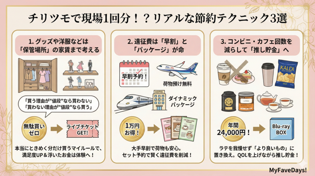 チリツモで現場1回分が貯まる推し活節約テクニック3選の図解。1.グッズ購入時は保管場所の家賃まで考えるマイルール、2.遠征費はANA・JALの早割やダイナミックパッケージを活用する、3.コンビニ回数を減らしてカルディやルピシアなどでQOLを上げつつ推し貯金をする方法の解説。