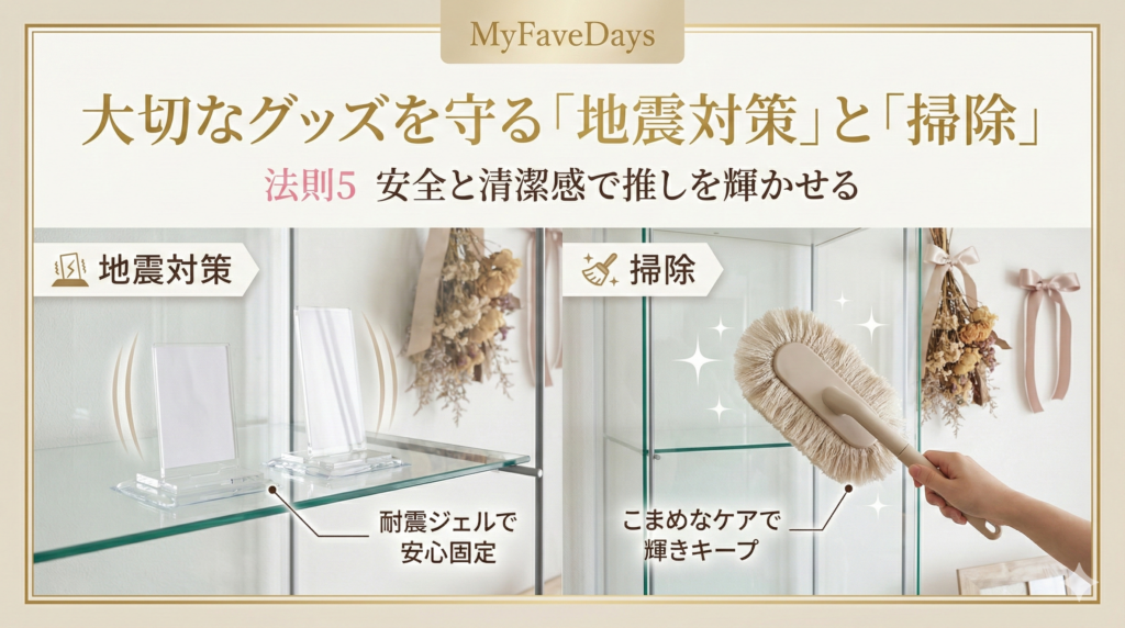 法則5：大切なグッズを守る「地震対策」と「掃除」のアイキャッチ画像。オタク部屋の防災と清潔さを保つポイントを解説。