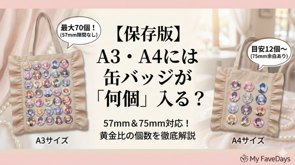 MyFaveDaysブログ記事「【保存版】A3・A4には缶バッジが『何個』入る？ 57mm＆75mm対応！黄金比の個数を徹底解説」のサムネイル画像。左側にはザッカマートのA3フリル痛バッグに57mm缶バッジを隙間なく70個敷き詰めた例（最大70個）、右側にはA4サイズに75mm缶バッジを余白を持って12個並べた例（目安12個〜）が比較されています。淡いピンクとベージュを基調とした、上品な推し活カフェのような雰囲気のデザインです。