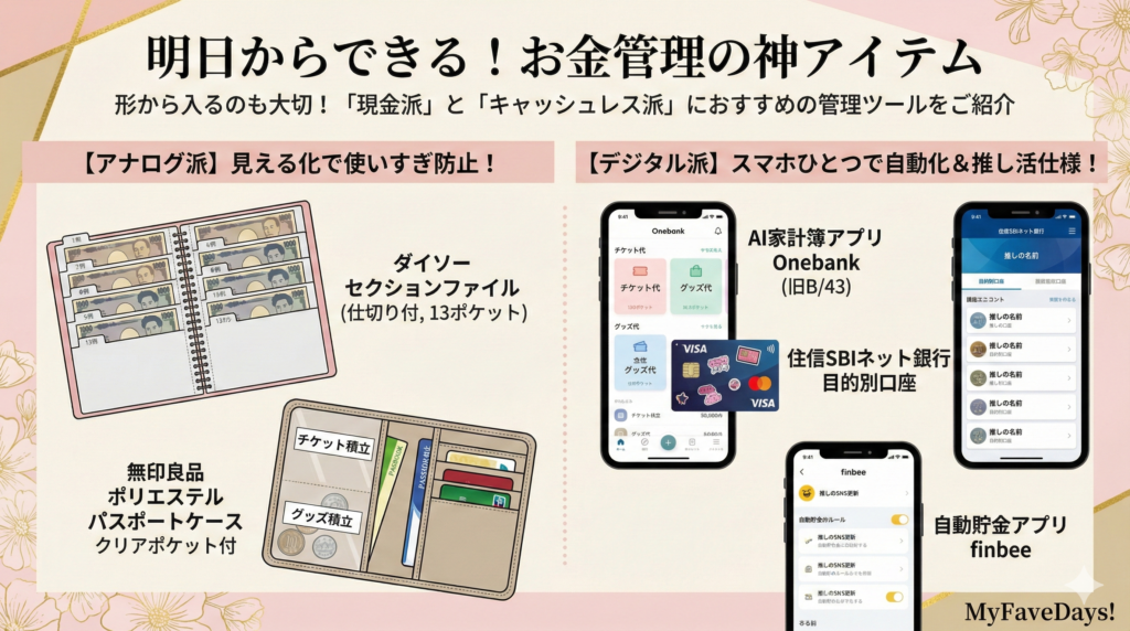推し活のお金管理におすすめの神アイテム比較図。アナログ派向けのダイソー「セクションファイル」や無印良品「ポリエステルパスポートケース」、デジタル派向けのAI家計簿アプリ「Onebank（ワンバンク）」、住信SBIネット銀行「目的別口座」、自動貯金アプリ「finbee」の特徴とメリット一覧。