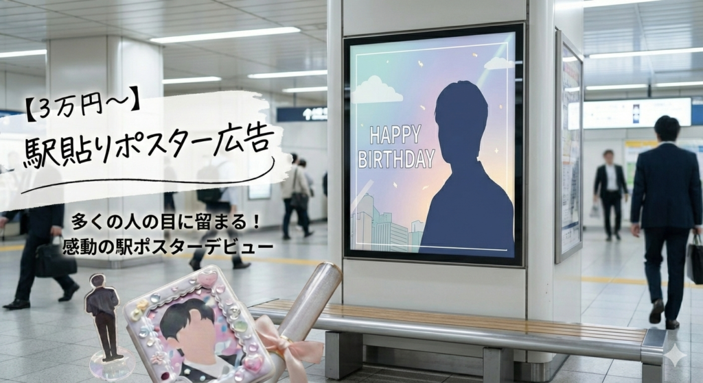 駅の構内に掲出された推しの大きなポスター広告（応援広告）を見つめる女性。3万円台から可能な駅貼りポスターのイメージ