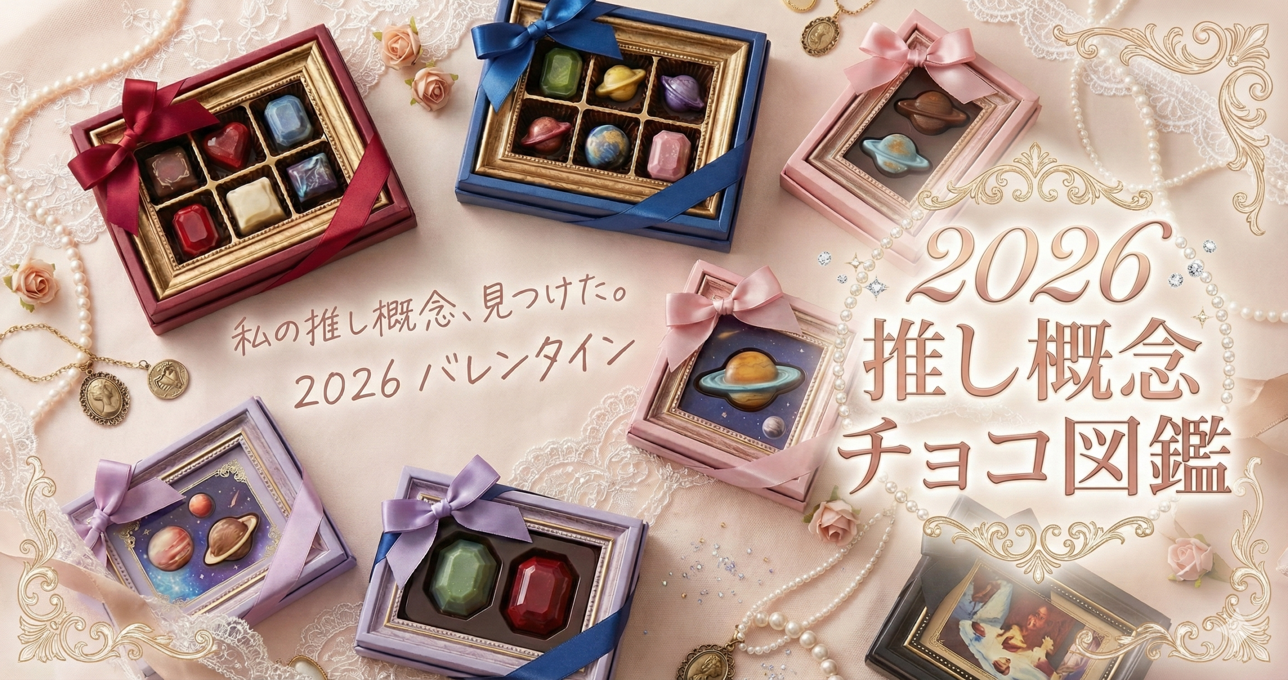 アイキャッチ画像：『2026 推し概念チョコ図鑑』私の推し概念、見つけた。2026 バレンタイン。宝石や惑星、絵画をモチーフにした額縁入りのチョコレートが、パールネックレスやレース、アンティークな手鏡とともに並べられた、エレガントでロマンティックな姫系デザインの背景写真。