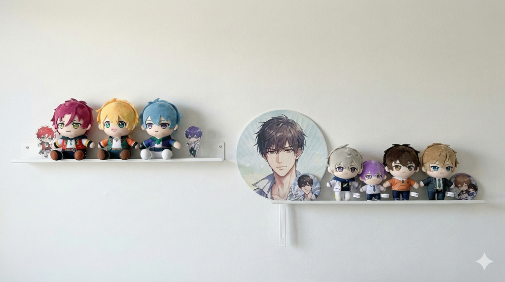 山崎実業の「tower ウォール推し活ラック」を使用したぬいぐるみ収納の実例。幅約67cmの白いスリムな壁掛け棚に、推しのぬいぐるみが5〜6体横一列に並び、うちわやアクリルスタンドと一緒にディスプレイされている様子。