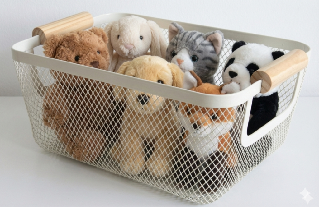 木製ハンドル付きの白いワイヤーメッシュバスケットに、小さなぬいぐるみ(ちびぬい)が複数体まとめて収納されている様子。通気性の良いおしゃれなカゴを使った、推し活グッズの保管実例。