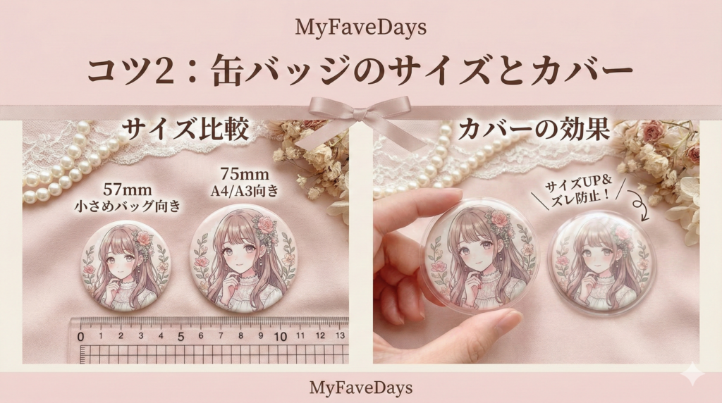 痛バッグを隙間なく組むコツ2。57mmや75mmなどの缶バッジサイズの使い分けや、缶バッジカバーを装着して物理的にサイズを大きくし、摩擦でズレを防ぎながら隙間を埋めるテクニックのイメージ。