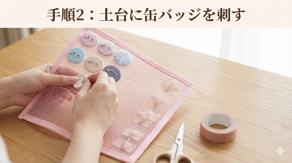 痛バッグの作り方手順2。土台のメッシュシートやクリアファイルに缶バッジを刺して固定し、裏側をマスキングテープで保護する工程のイメージ。
