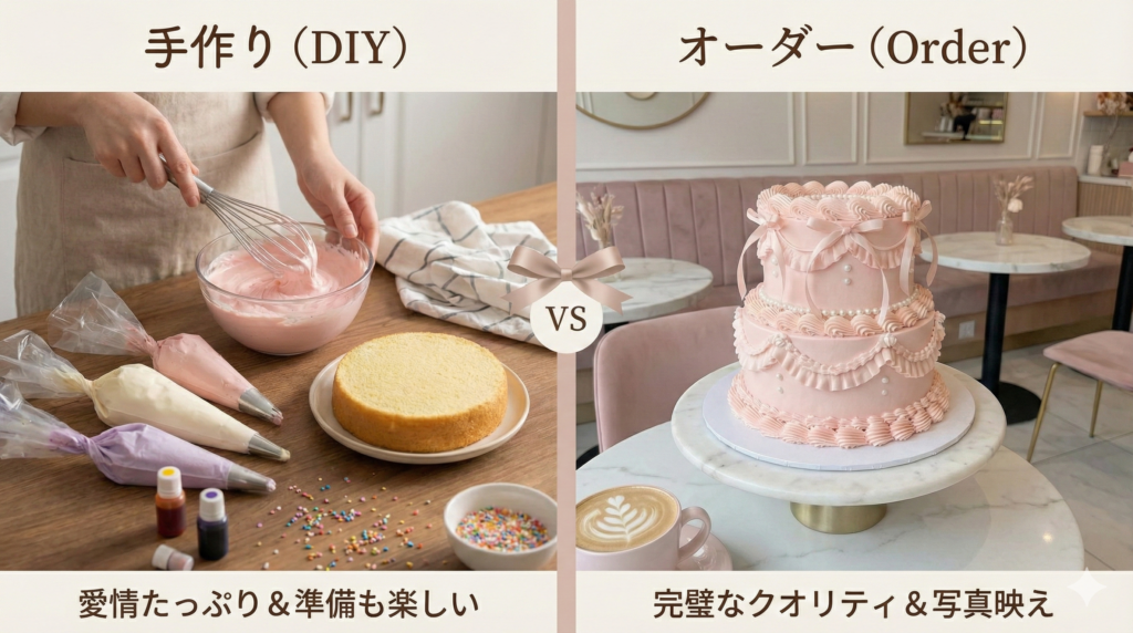 淡いピンクの背景に置かれた上品なフリルデコレーションのホールケーキ。手前には計画用のノートとペン、推しの写真を飾るための透明なアクリルスタンド、ピンクのリボンが配置されている。推しの誕生日を準備する「大人かわいい」推し活のイメージ画像（横長）。
