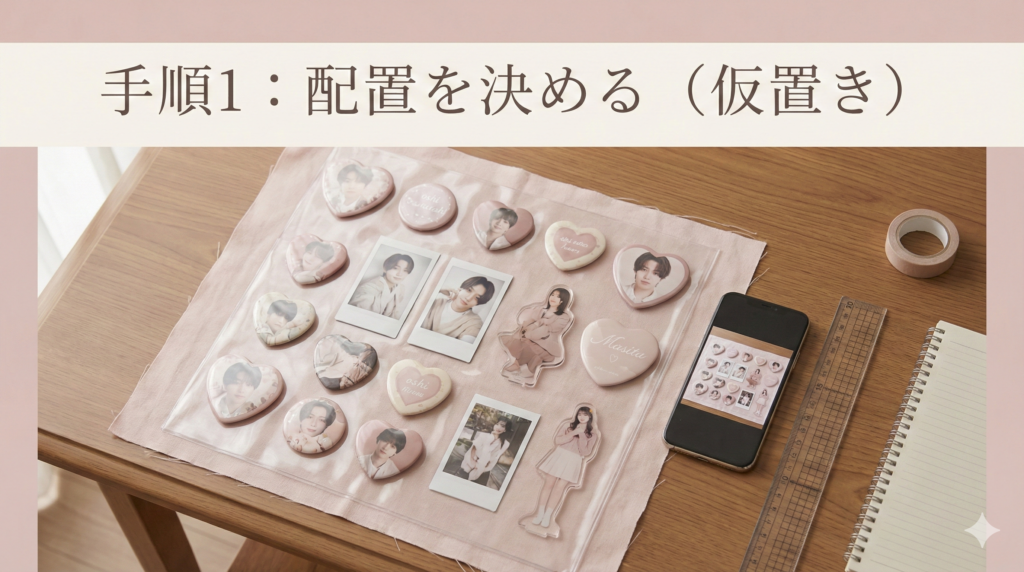 土台シートの上に缶バッジを仮置きして配置を決め、スマホで撮影してバランスを確認している様子。