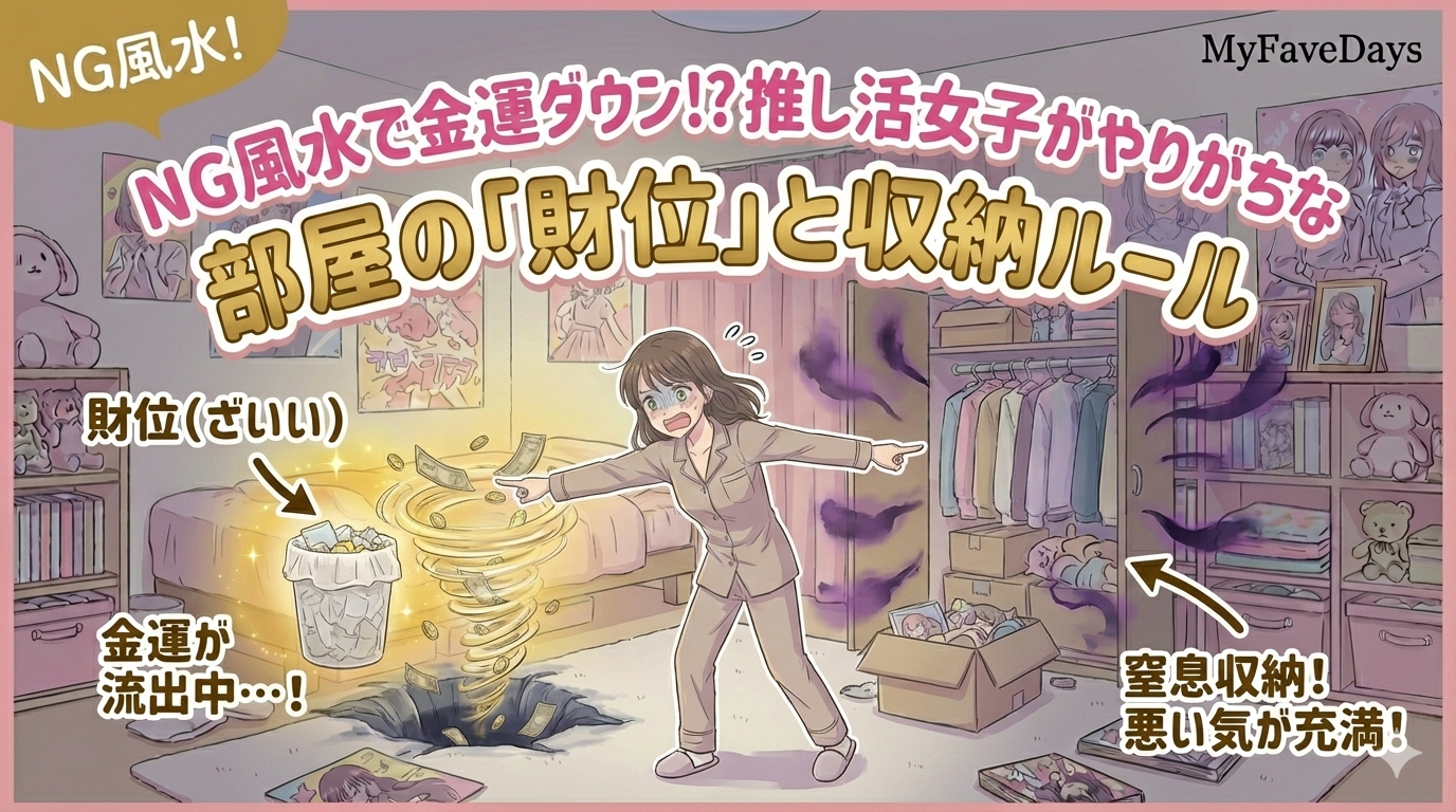 MyFaveDays風アイキャッチ画像。パジャマ姿の女性が、部屋の「財位」にあるゴミ箱から金運が流出している様子と、グッズで溢れて「窒息」したクローゼットから悪い気が出ている様子を指差し、驚愕しているイラスト。「NG風水で金運ダウン!? 推し活女子がやりがちな部屋の『財位』と収納ルール」というタイトル文字が入っている。