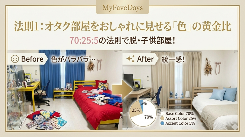 法則1：オタク部屋をおしゃれに見せる「色」の黄金比のアイキャッチ画像。ベースカラー70%、アソートカラー25%、アクセントカラー5%の配色ルールで、垢抜けた部屋を作る方法を解説。