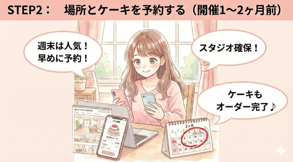 「予約しなきゃ！」という台詞と共に、スマートフォンを持って急いでスタジオやケーキの手配をする女の子のイラスト。人気店が埋まる前に予約を入れる大切さを伝えるイメージ。