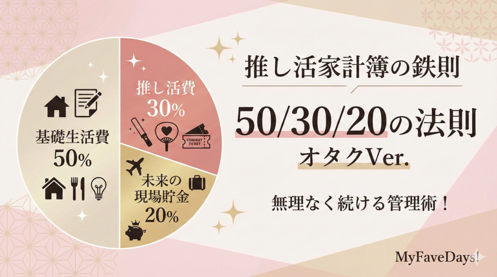 推し活家計簿の鉄則「50/30/20の法則」オタクVer.の解説図。基礎生活費50%、推し活費30%、未来の現場貯金20%という理想的な予算配分の円グラフ。「推し活費」と「未来の貯金」を分けることで無理なく続けるお金管理術のポイント。